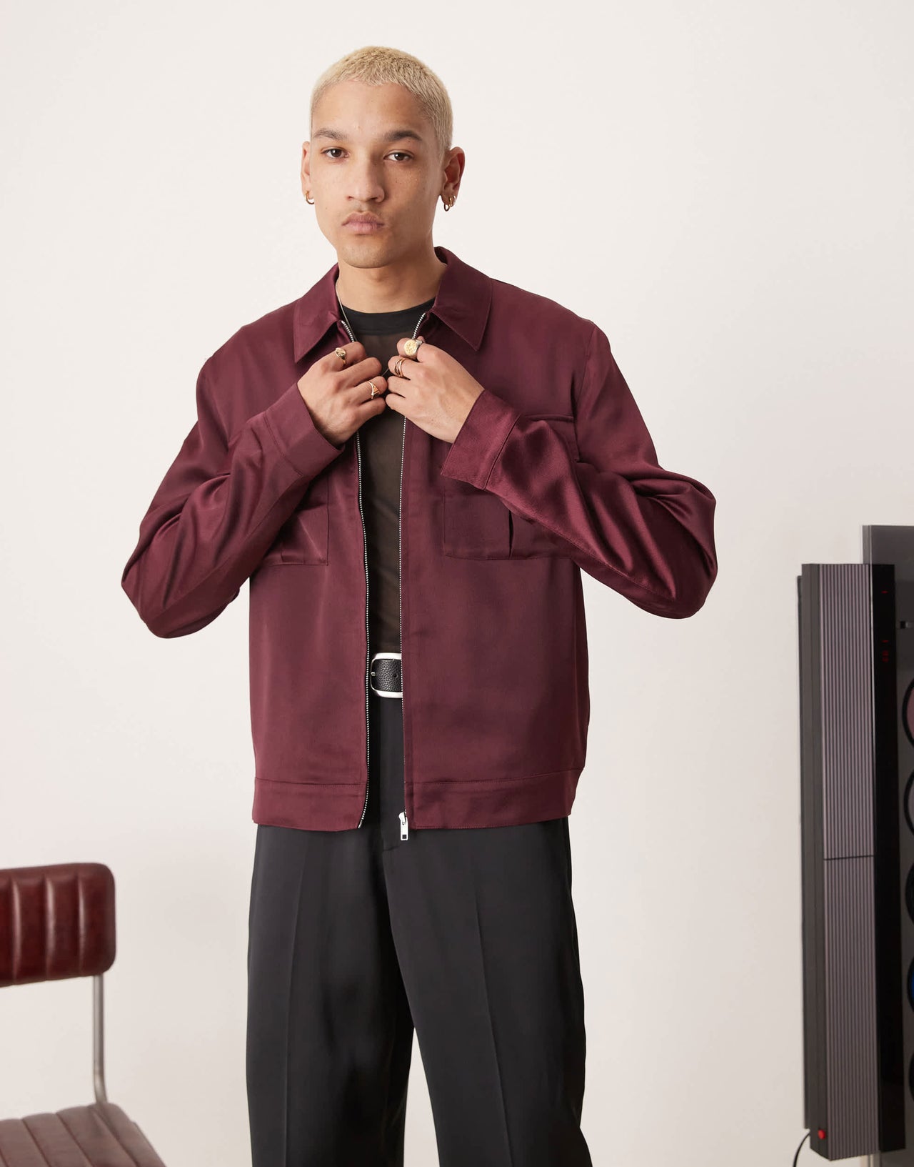 ASOS DESIGN cropped satin harrington jacket in burgundy