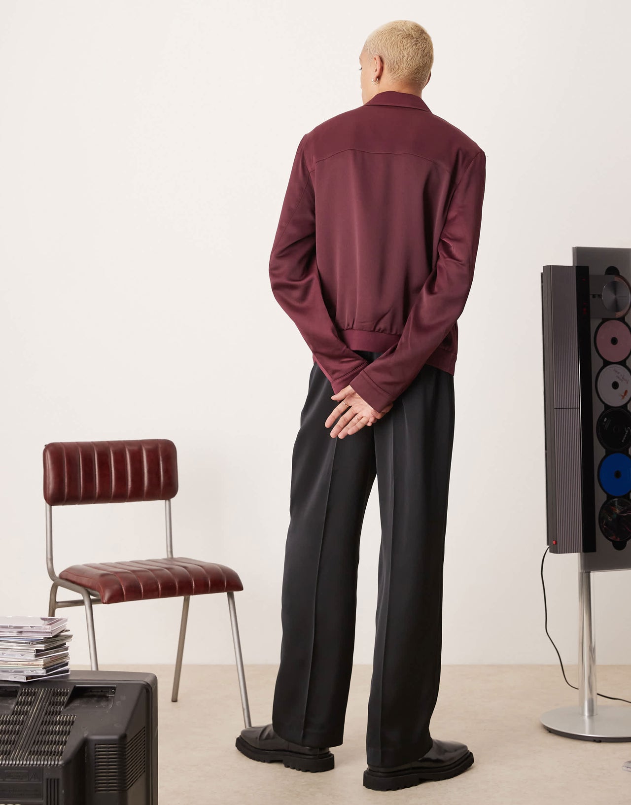 ASOS DESIGN cropped satin harrington jacket in burgundy