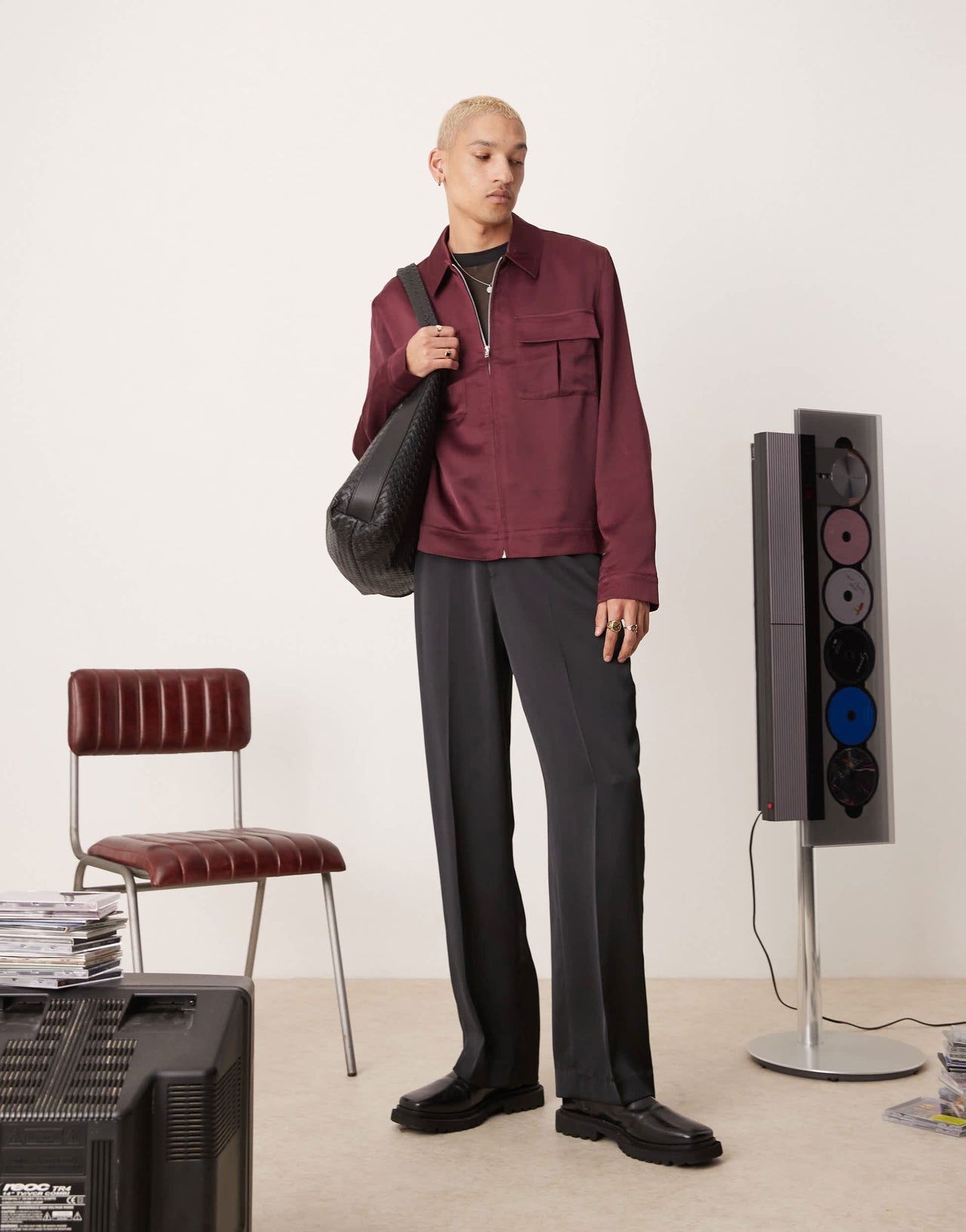 ASOS DESIGN cropped satin harrington jacket in burgundy