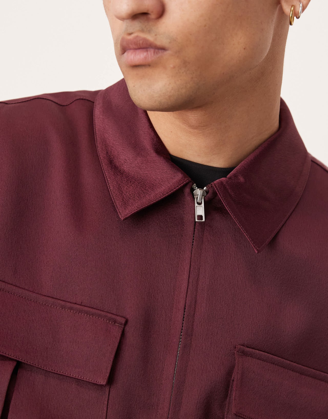 ASOS DESIGN cropped satin harrington jacket in burgundy