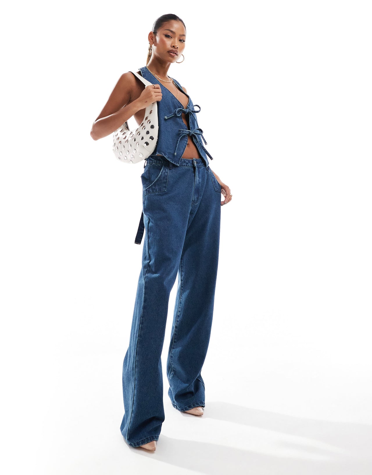 Aria Cove denim wide leg jeans co-ord in mid blue