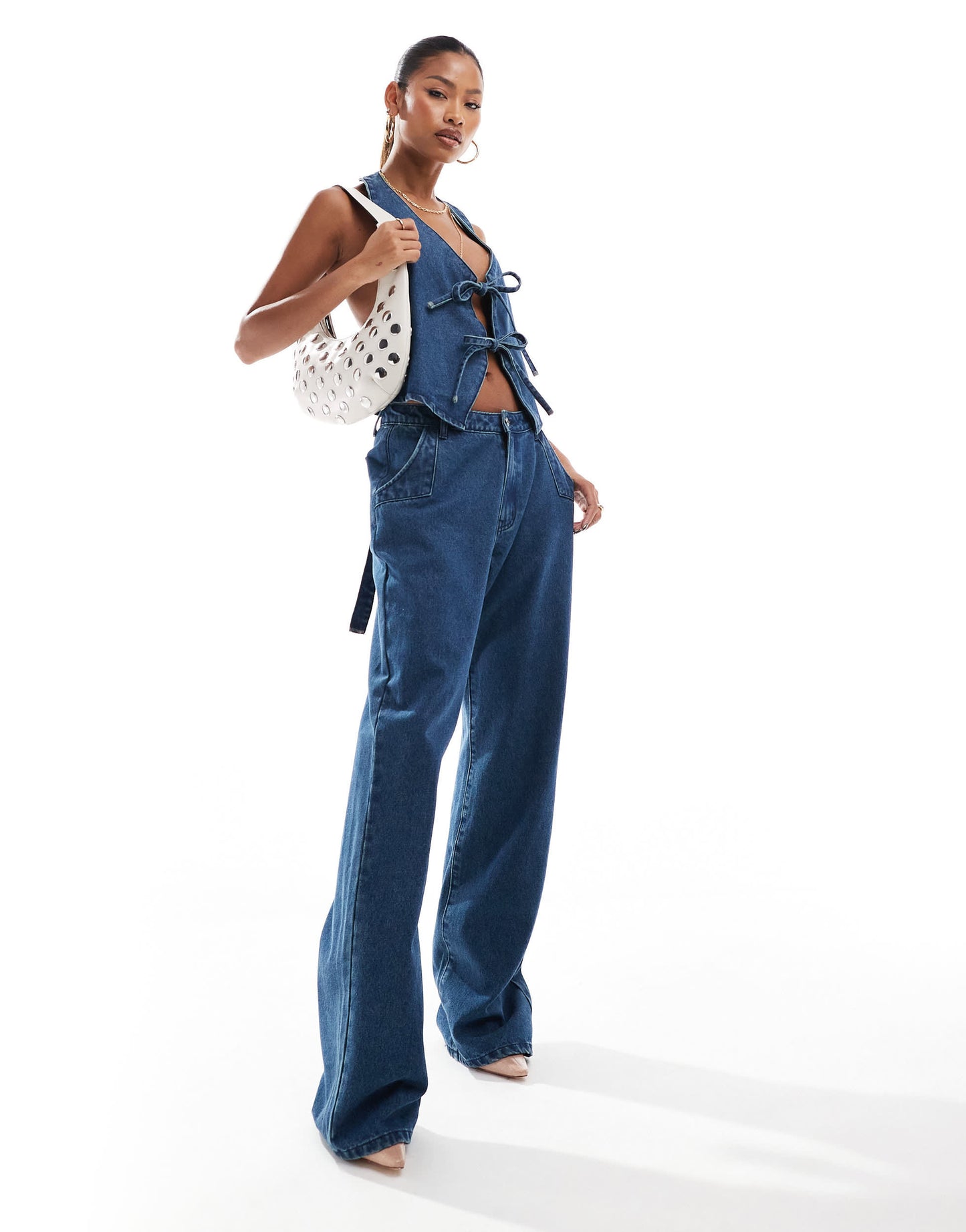 Aria Cove denim wide leg jeans co-ord in mid blue