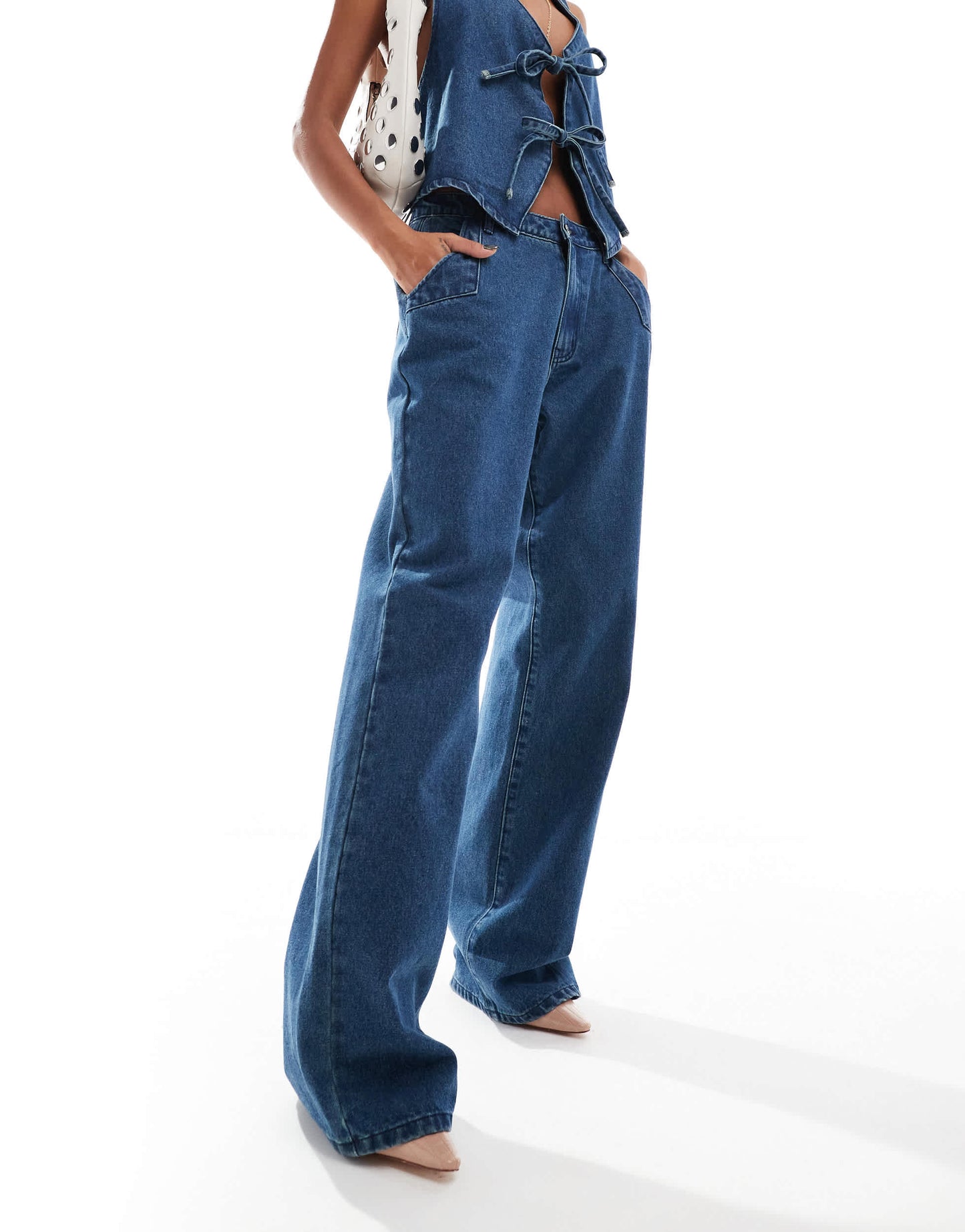 Aria Cove denim wide leg jeans co-ord in mid blue