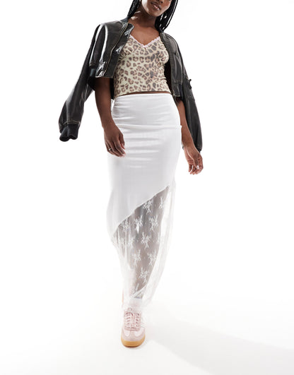 ASOS DESIGN satin maxi skirt with lace insert in ivory
