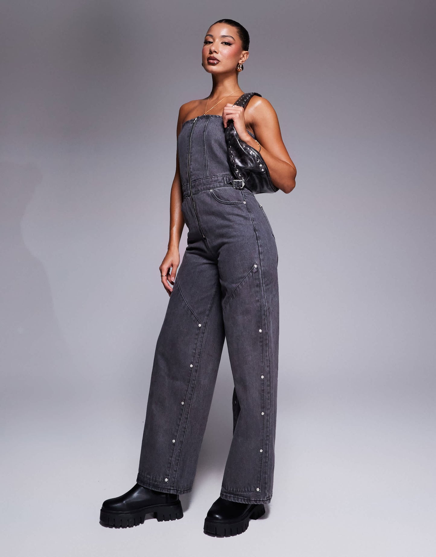 Liquor N Poker bandeau utility jumpsuit with carpenter detail in black wash