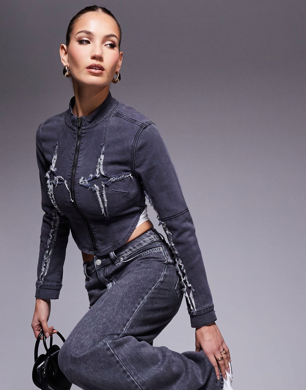 Liquor N Poker zip detail rip & repair stitch jacket in grey wash