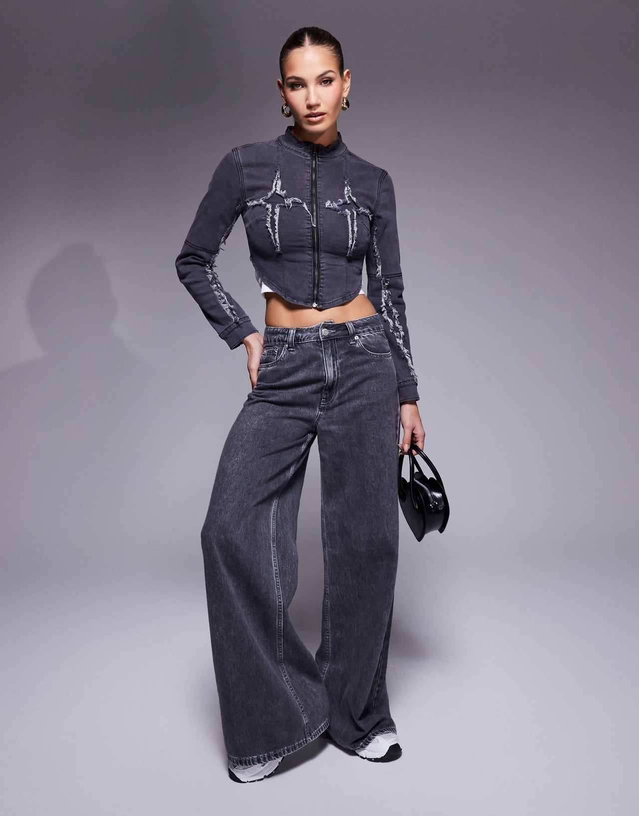 Liquor N Poker zip detail rip & repair stitch jacket in grey wash