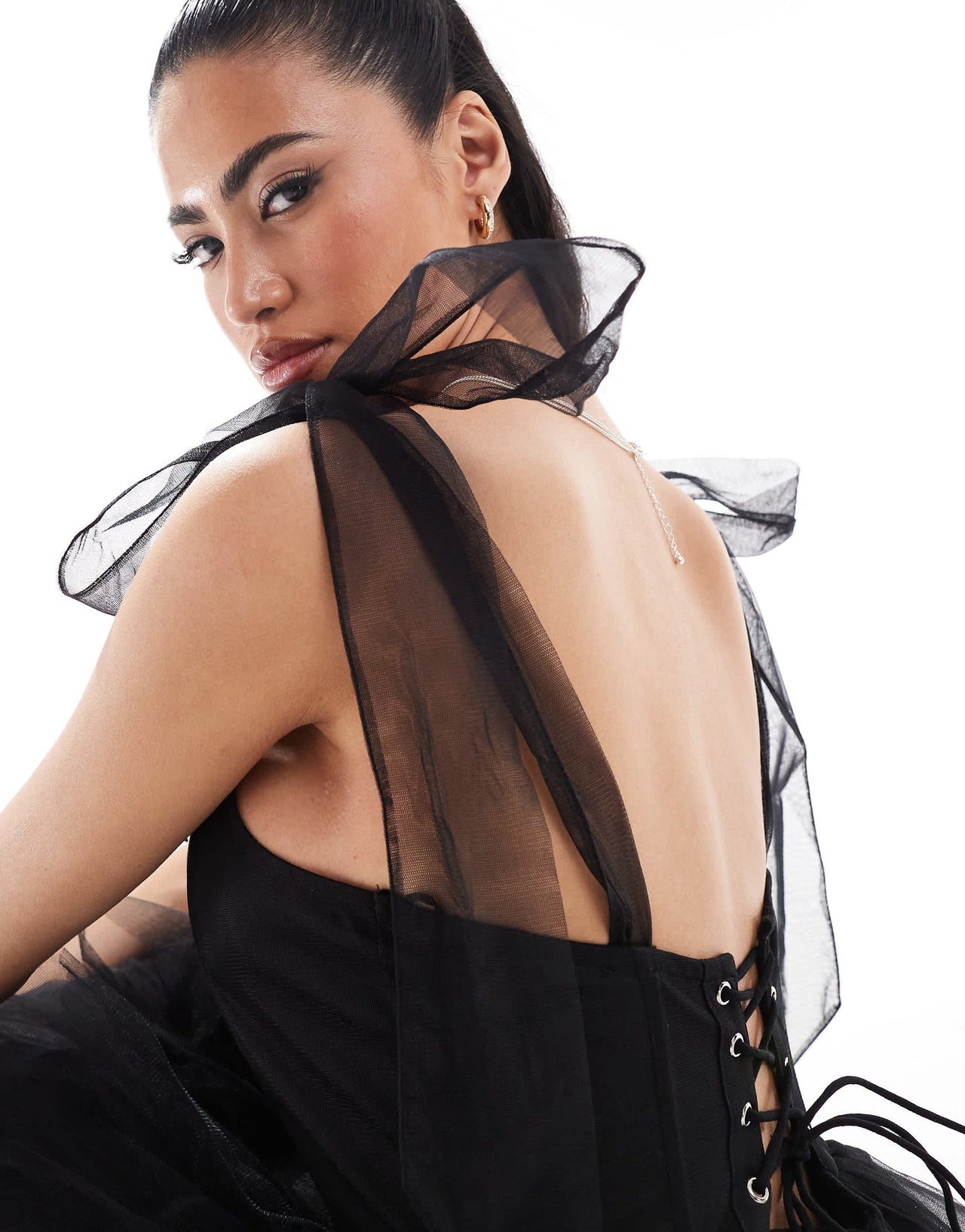 Lace & Beads bow shoulder corset tulle mini dress in black