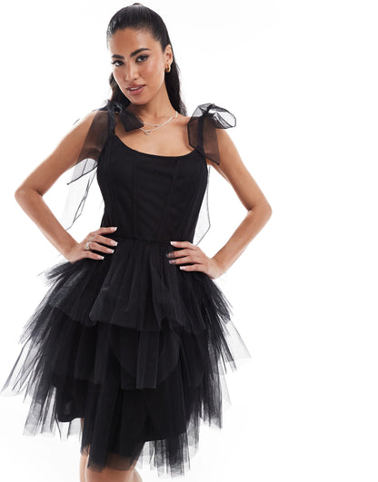 Lace & Beads bow shoulder corset tulle mini dress in black