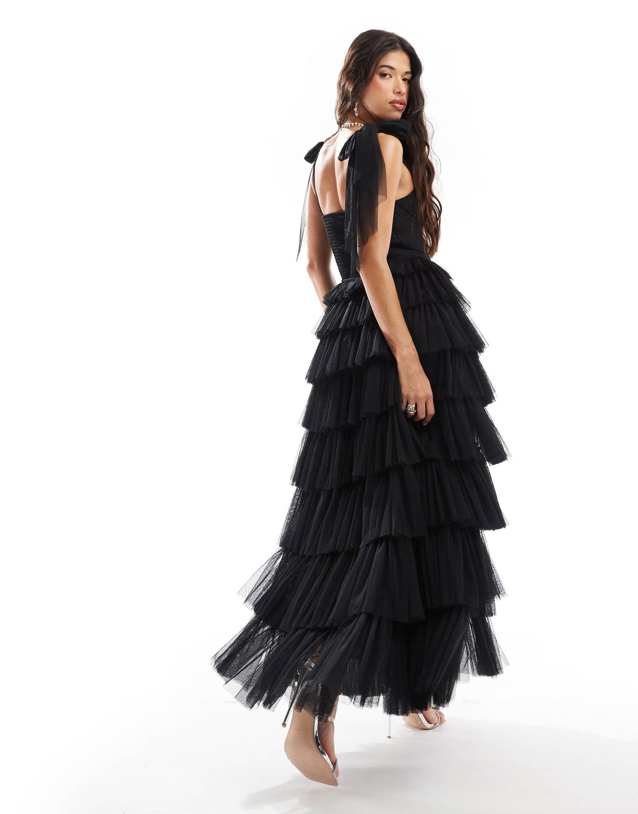 Lace & Beads bow shoulder tulle maxi dress in black