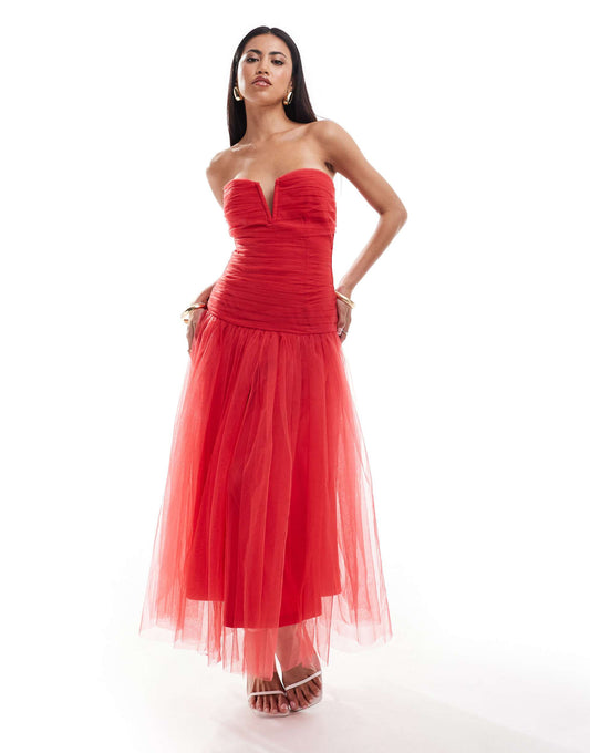 Lace & Beads drop hem tulle maxi dress in red