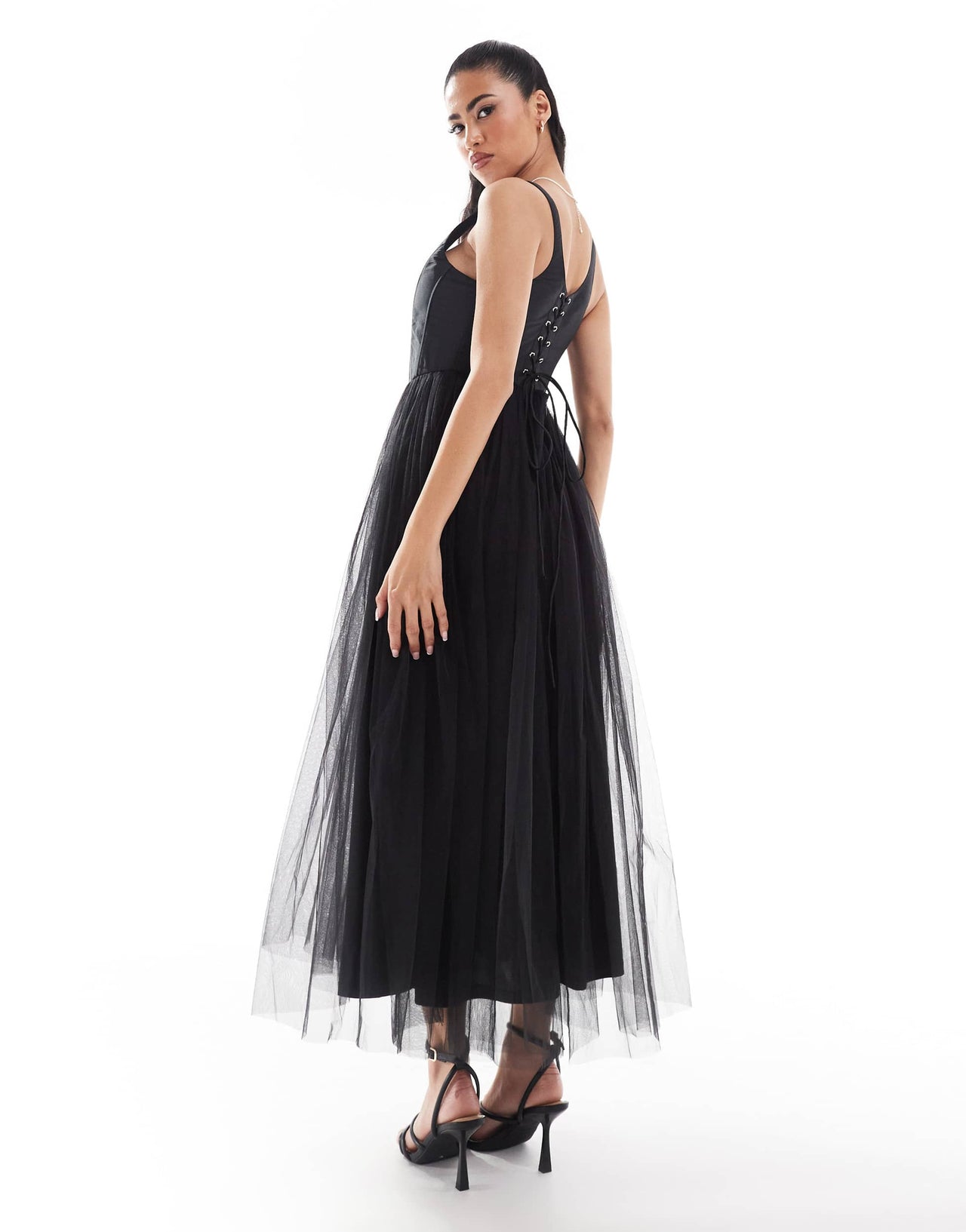 Lace & Beads drop hem corset maxi dress in black