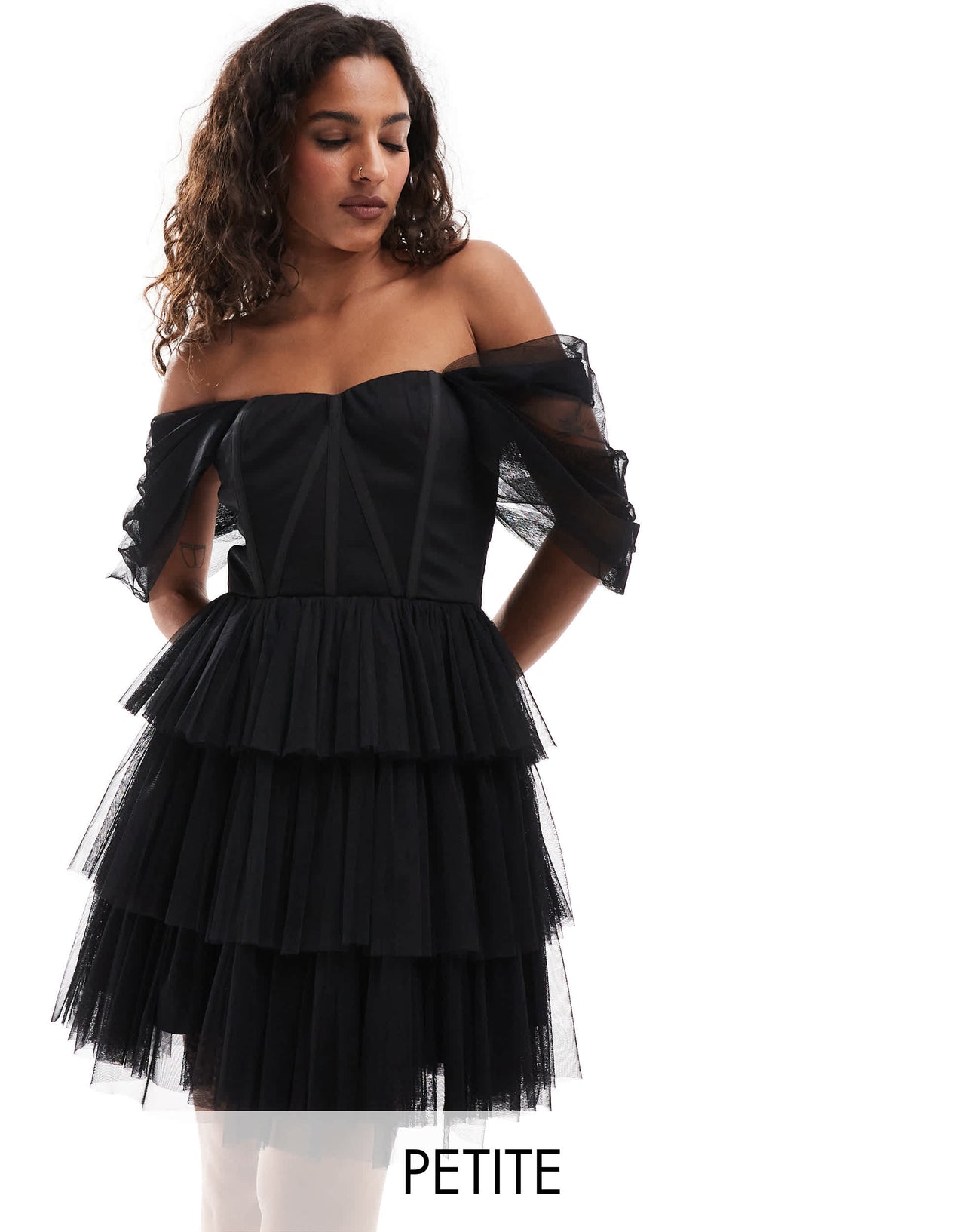 Lace & Beads Petite off shoulder corset tulle mini dress in black