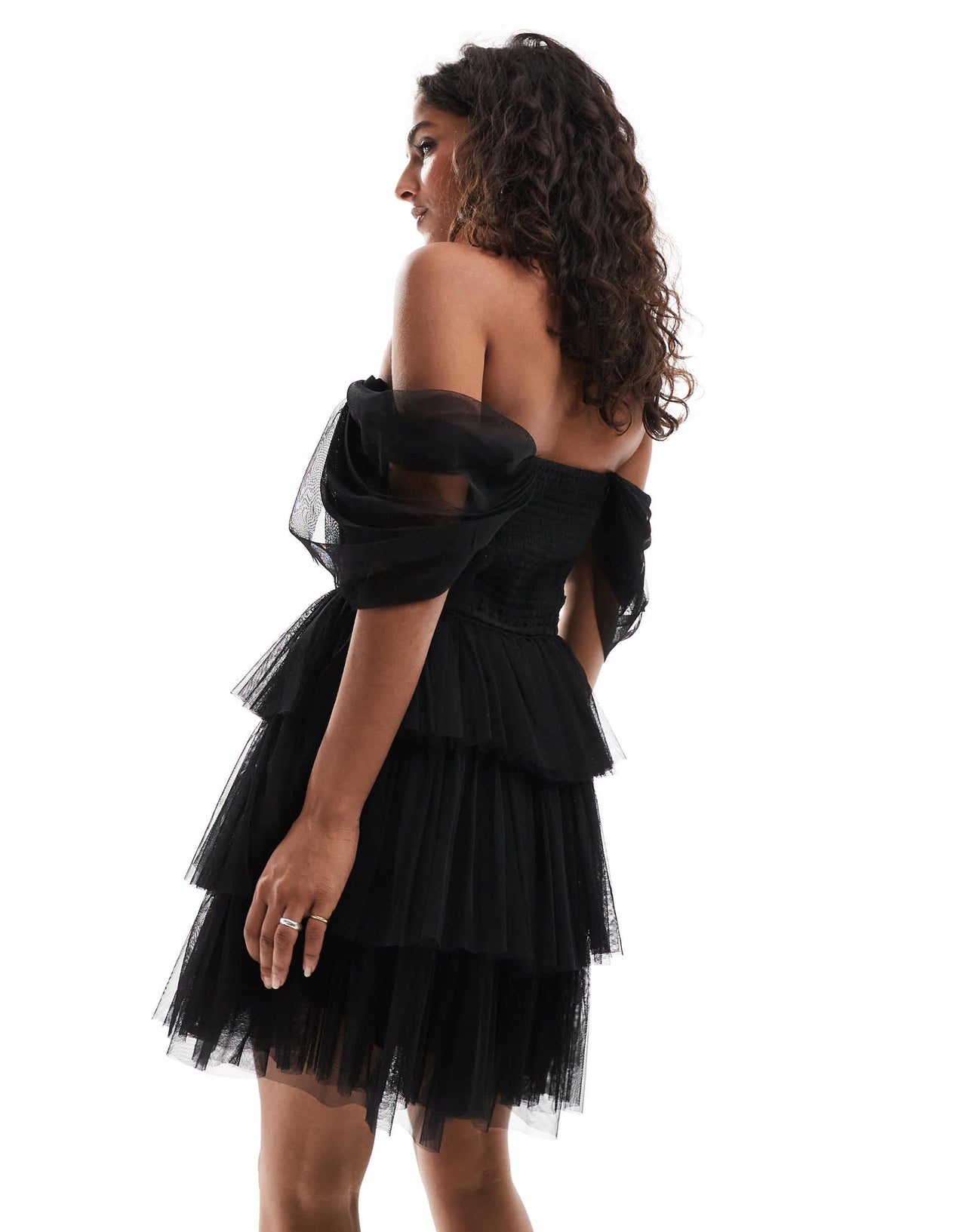 Lace & Beads Petite off shoulder corset tulle mini dress in black