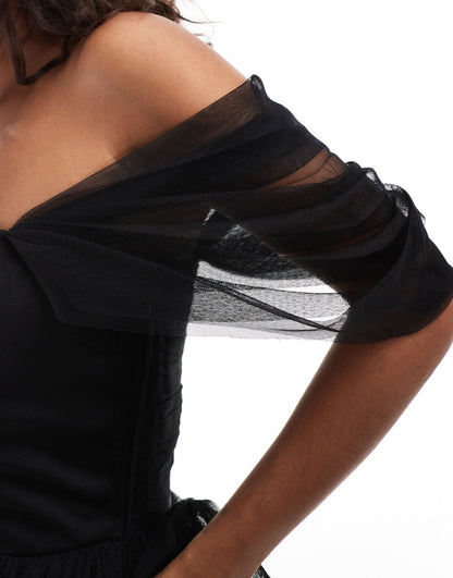 Lace & Beads Petite off shoulder corset tulle mini dress in black
