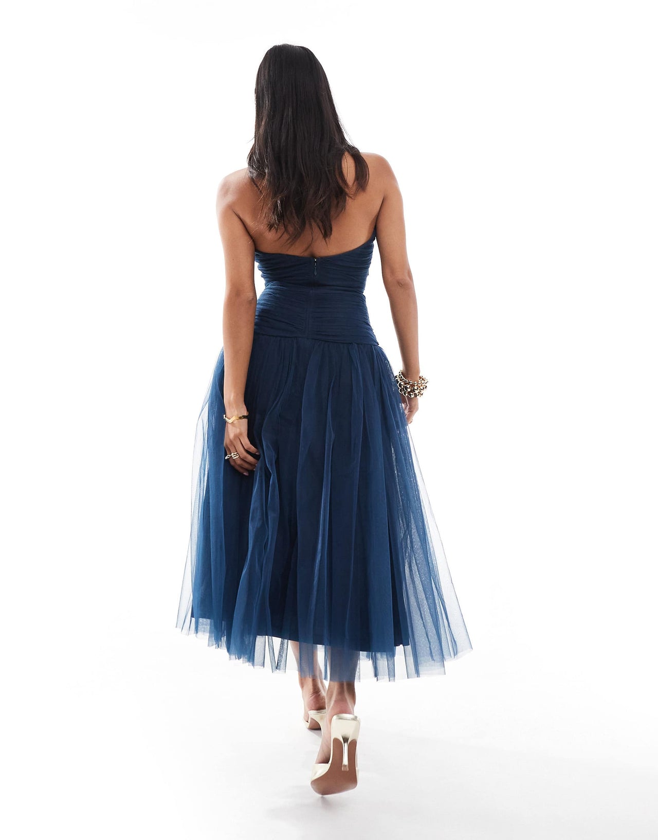 Lace & Beads Petite drop hem tulle maxi dress in navy