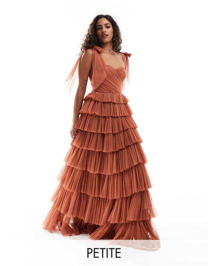Lace & Beads Petite bow shoulder maxi dress in terracotta brown
