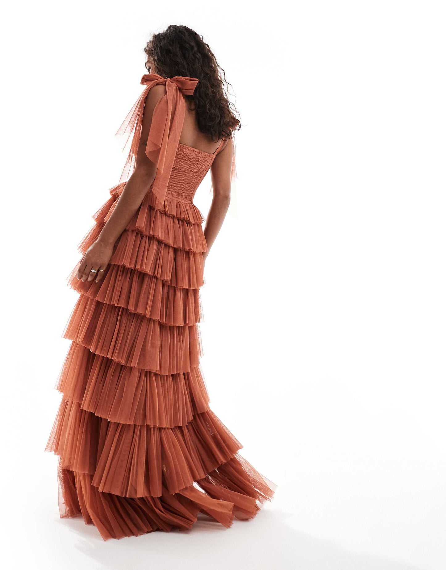 Lace & Beads Petite bow shoulder maxi dress in terracotta brown