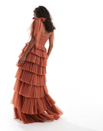 Lace & Beads Petite bow shoulder maxi dress in terracotta brown