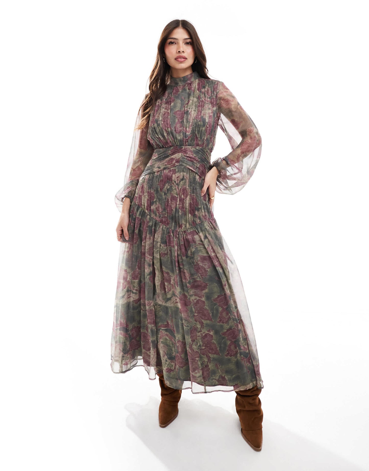 ASOS DESIGN high neck ruched chevron detail maxi dress in blurred floral print