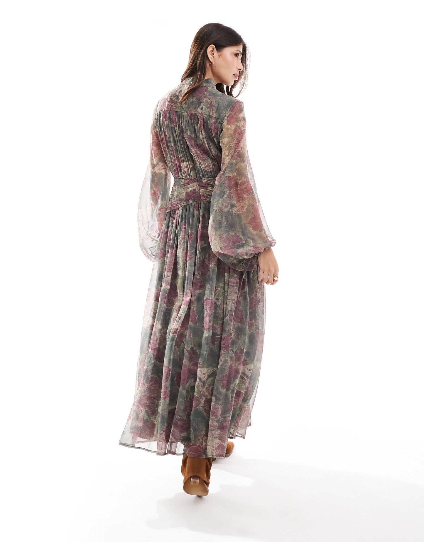ASOS DESIGN high neck ruched chevron detail maxi dress in blurred floral print
