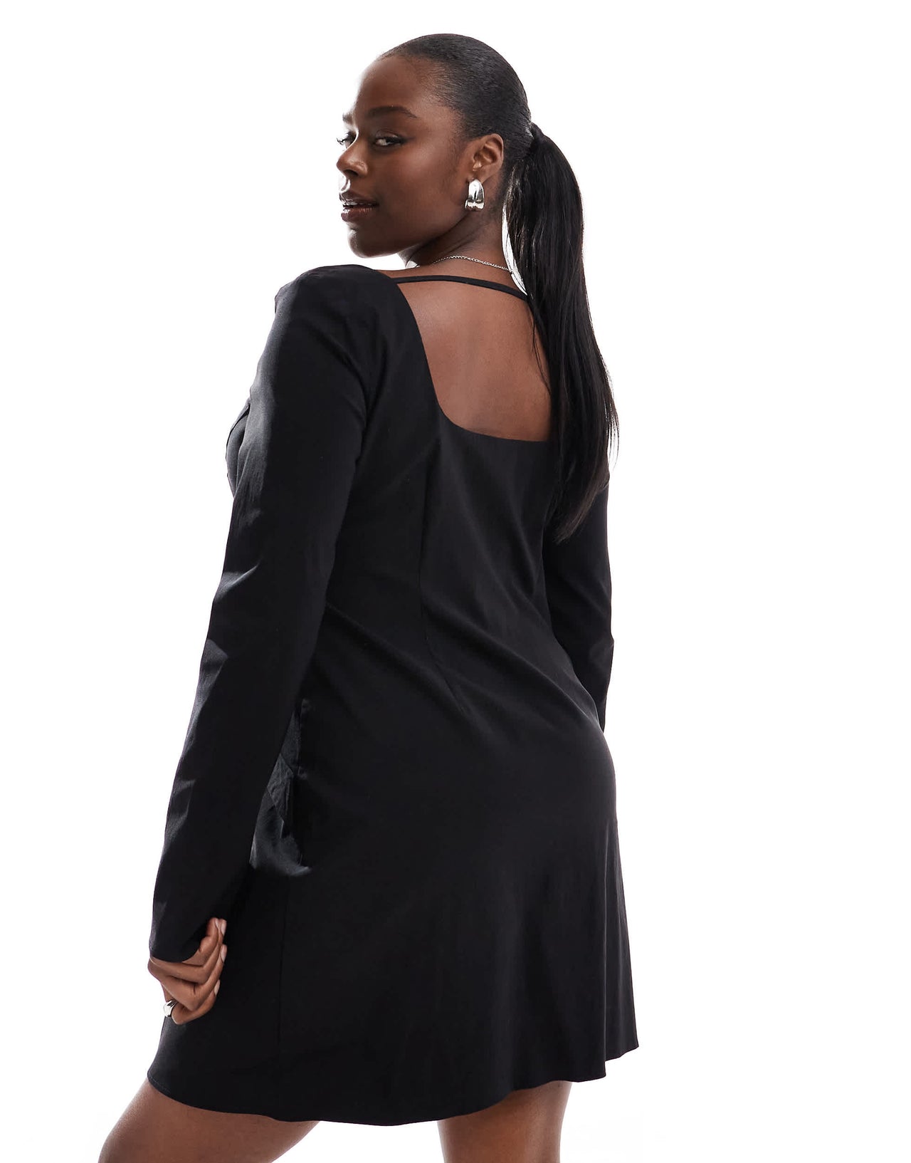 ASOS DESIGN Curve bengaline long sleeve mini dress with pocket details in black