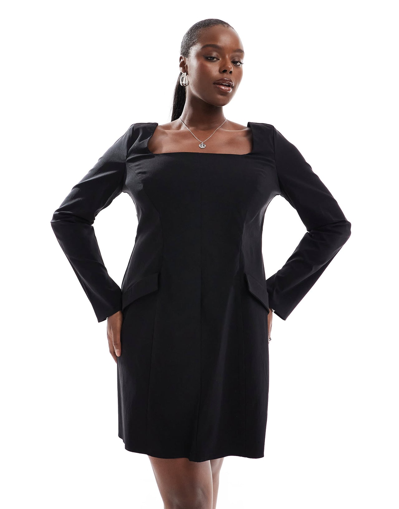 ASOS DESIGN Curve bengaline long sleeve mini dress with pocket details in black