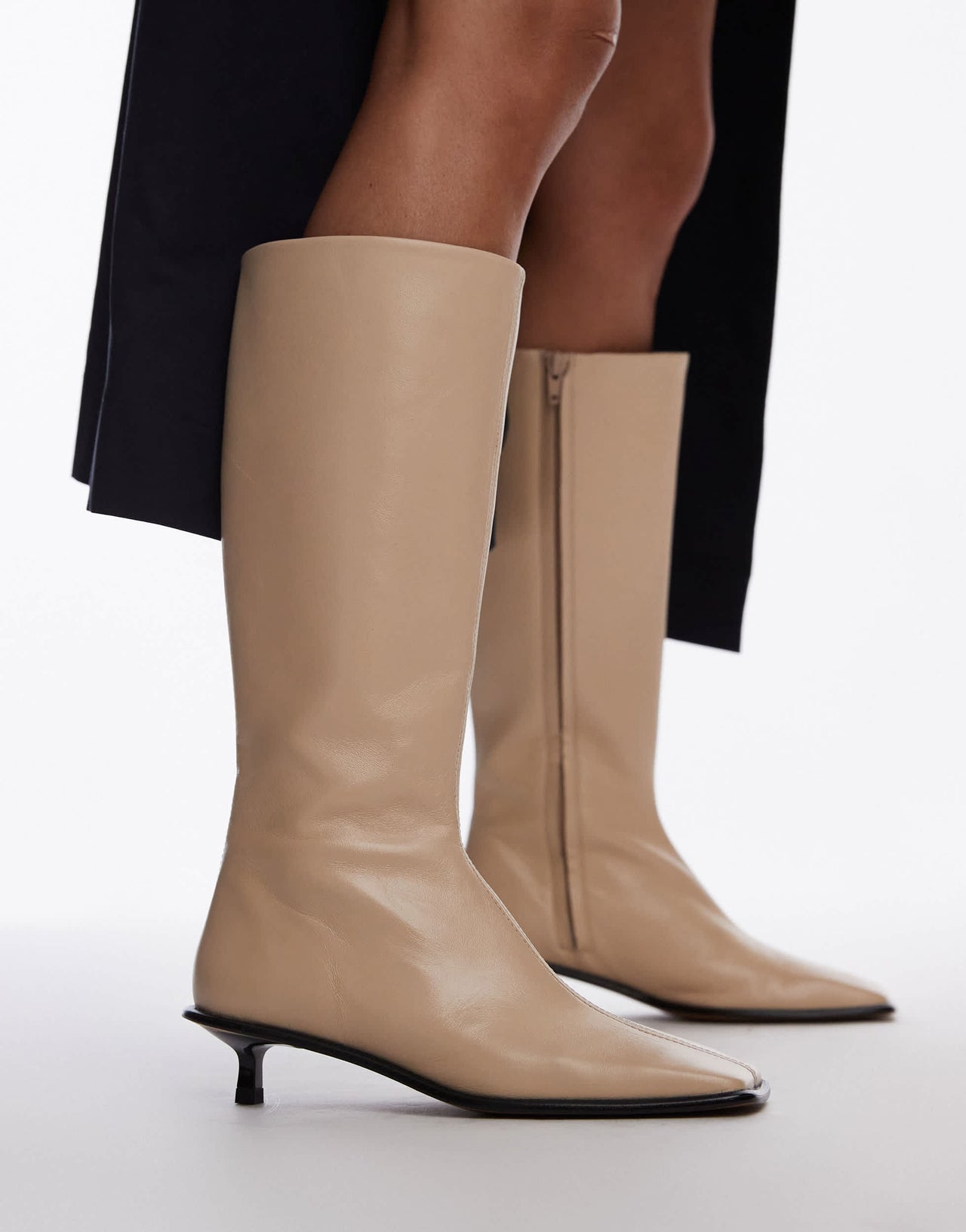 Topshop Taylor premium leather knee high heeled sock boots in off white