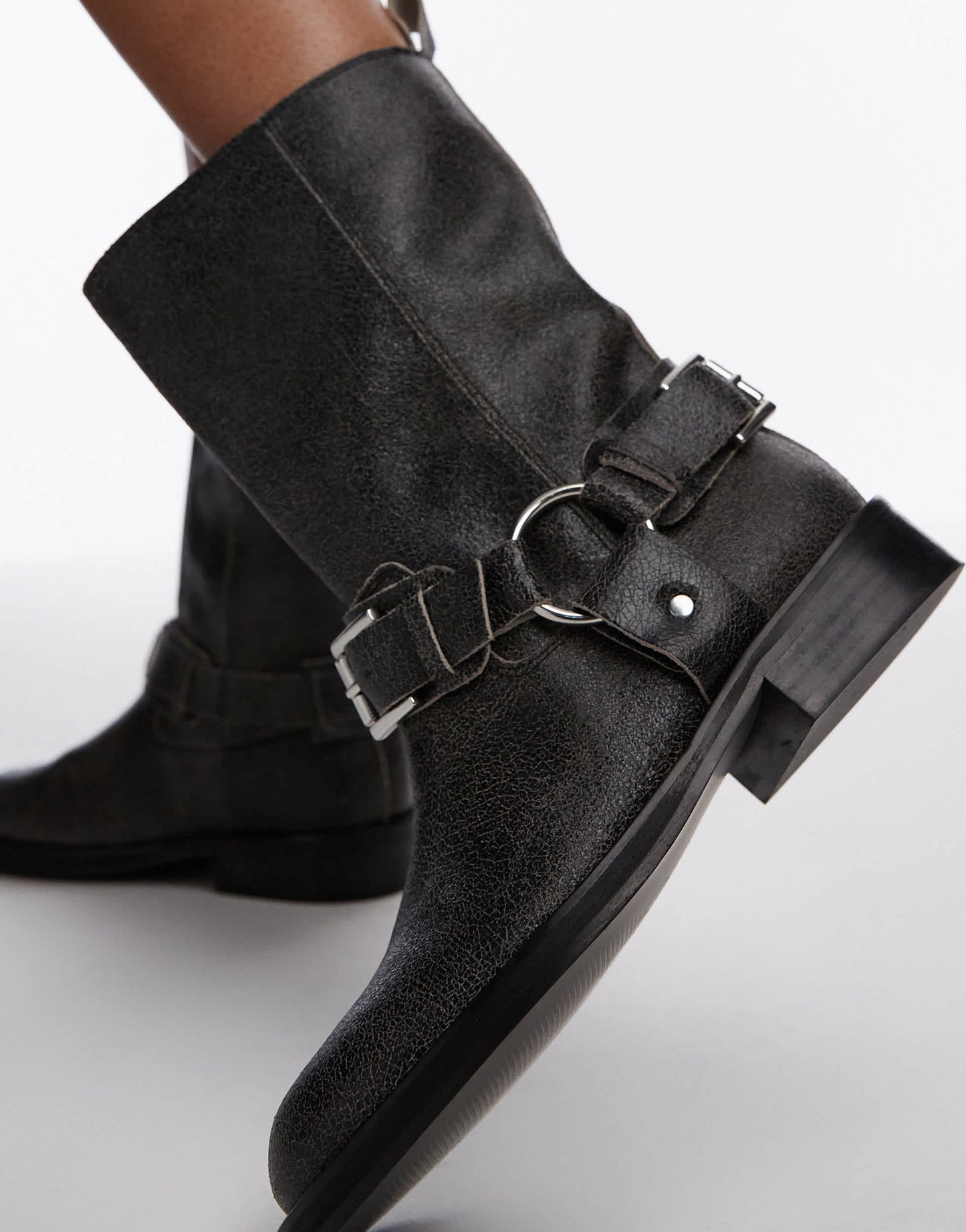 Topshop Leam premium leather biker boots in distressed grey