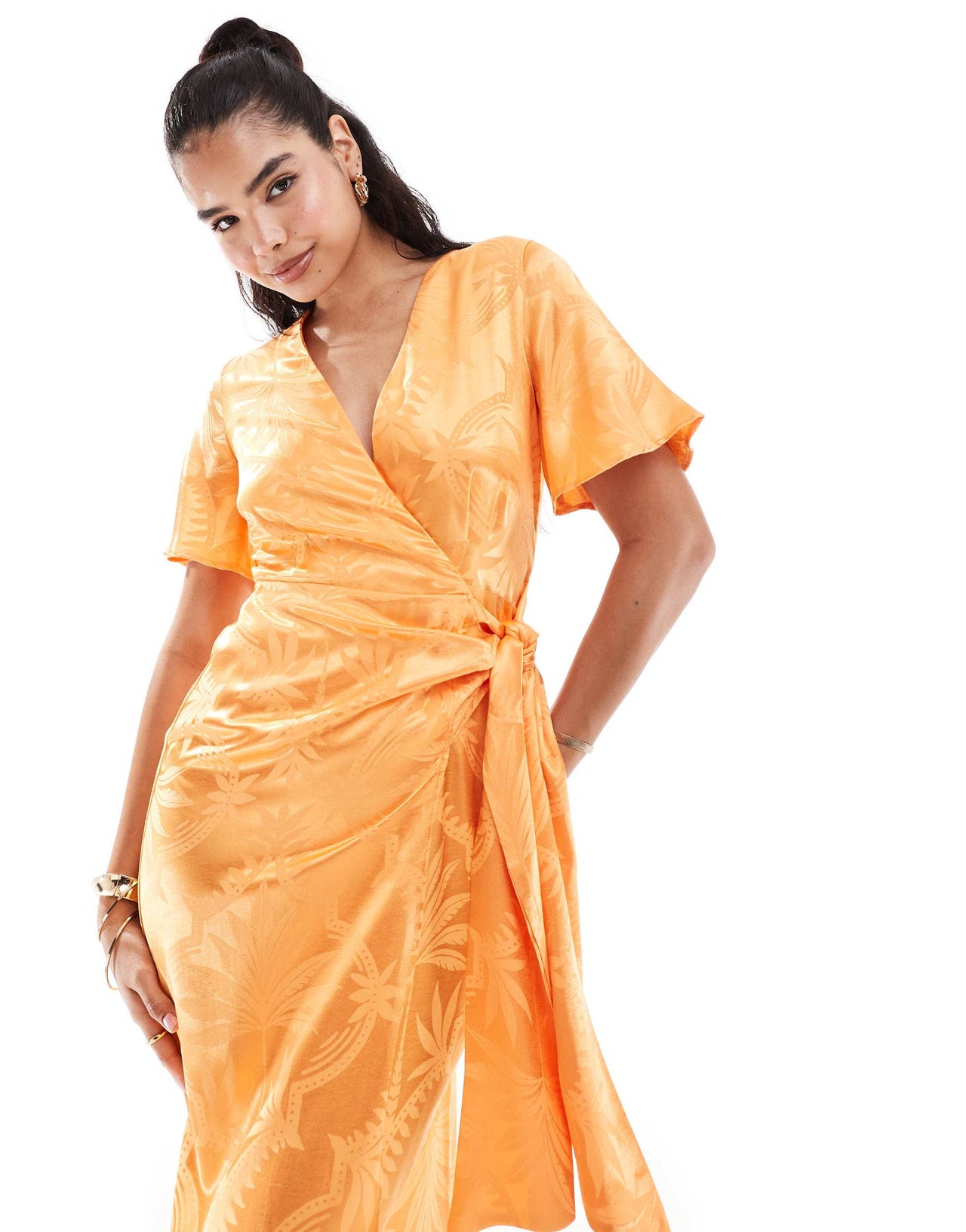 Never Fully Dressed embossed satin midi dress in orange