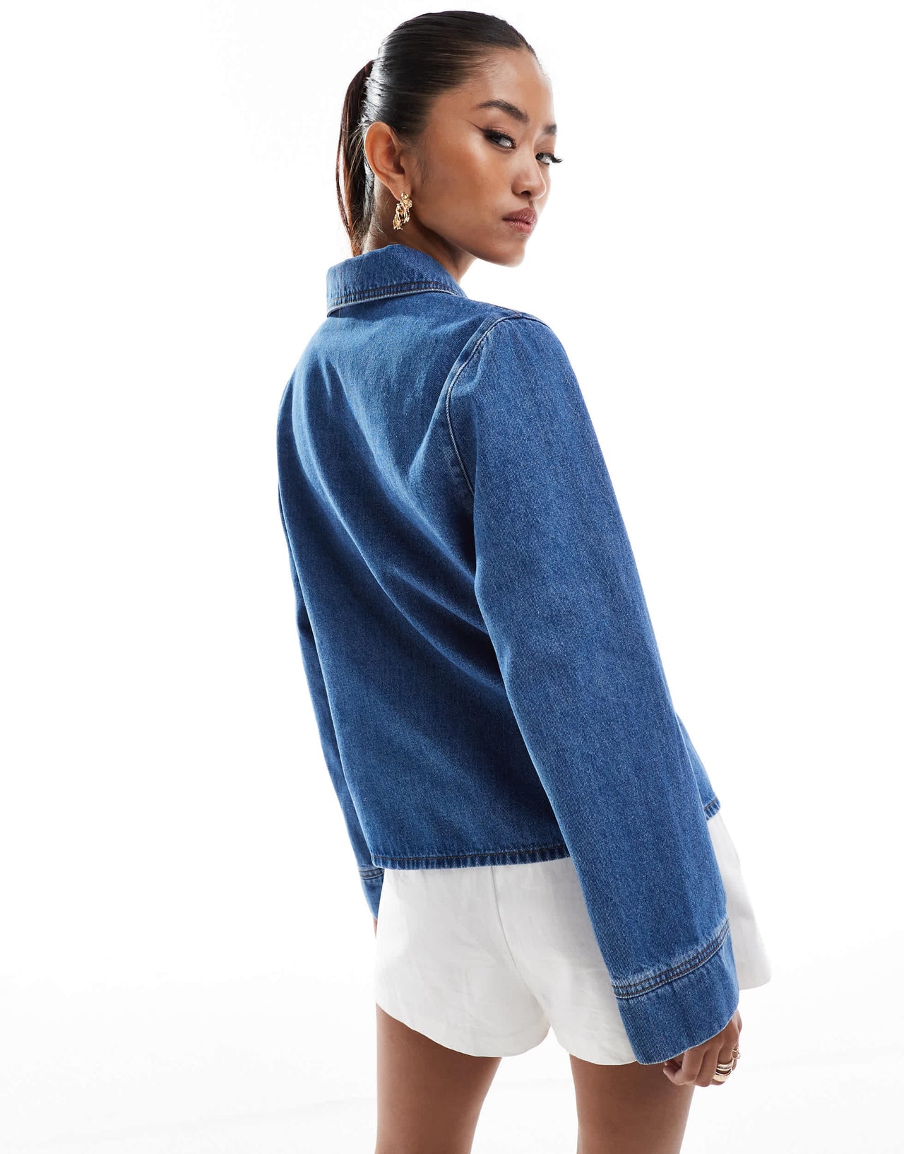 ASOS DESIGN denim fitted harrington jacket in mid blue