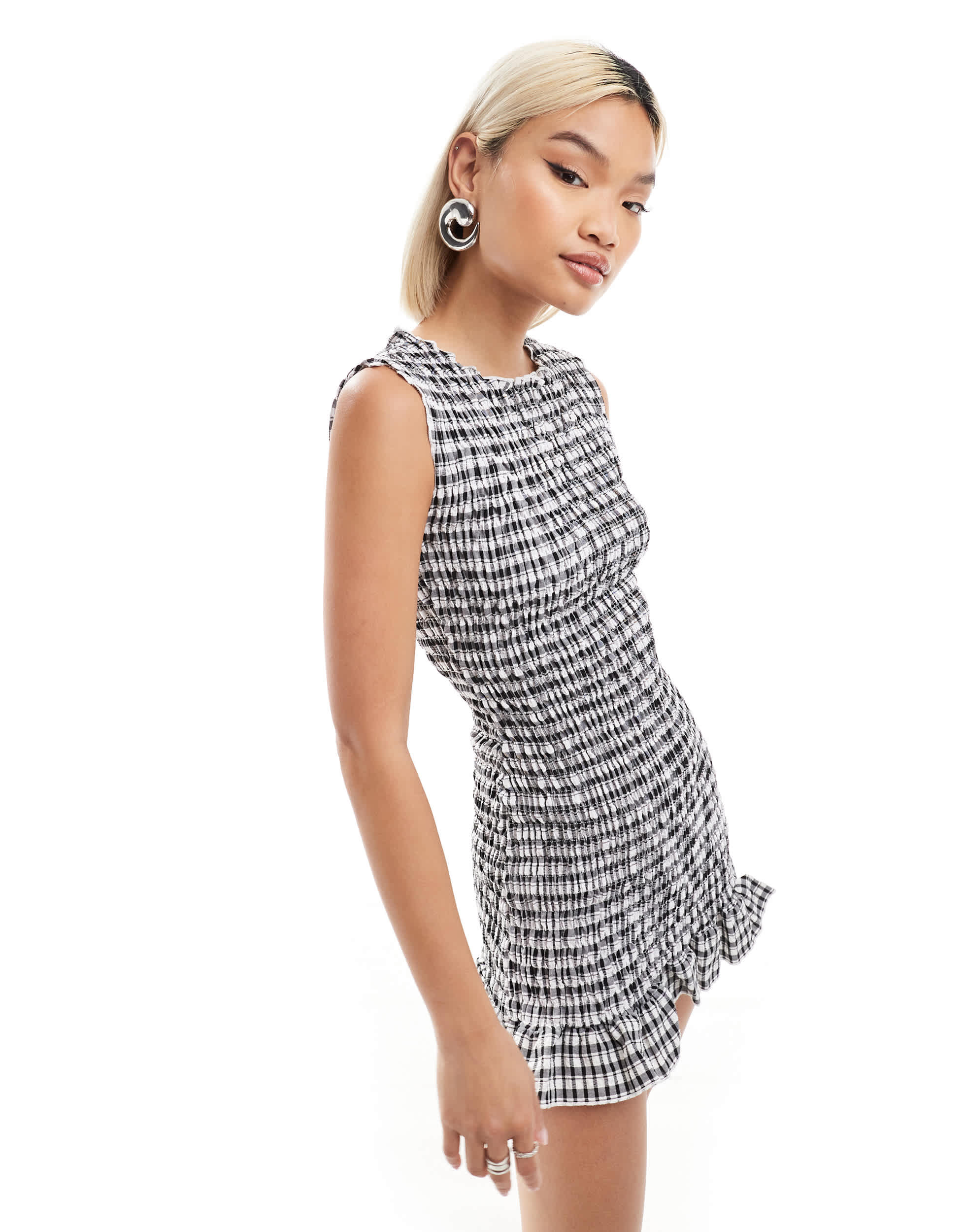 Daisy Street shirred mini frill hem dress in black gingham