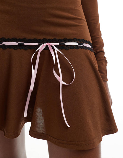Daisy Street off shoulder mini dress with ribbon detail in chocolate