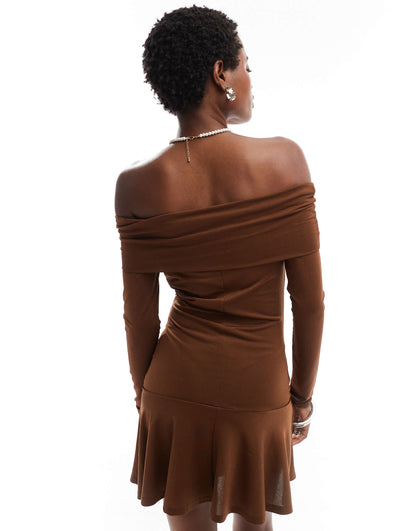 Daisy Street off shoulder mini dress with ribbon detail in chocolate