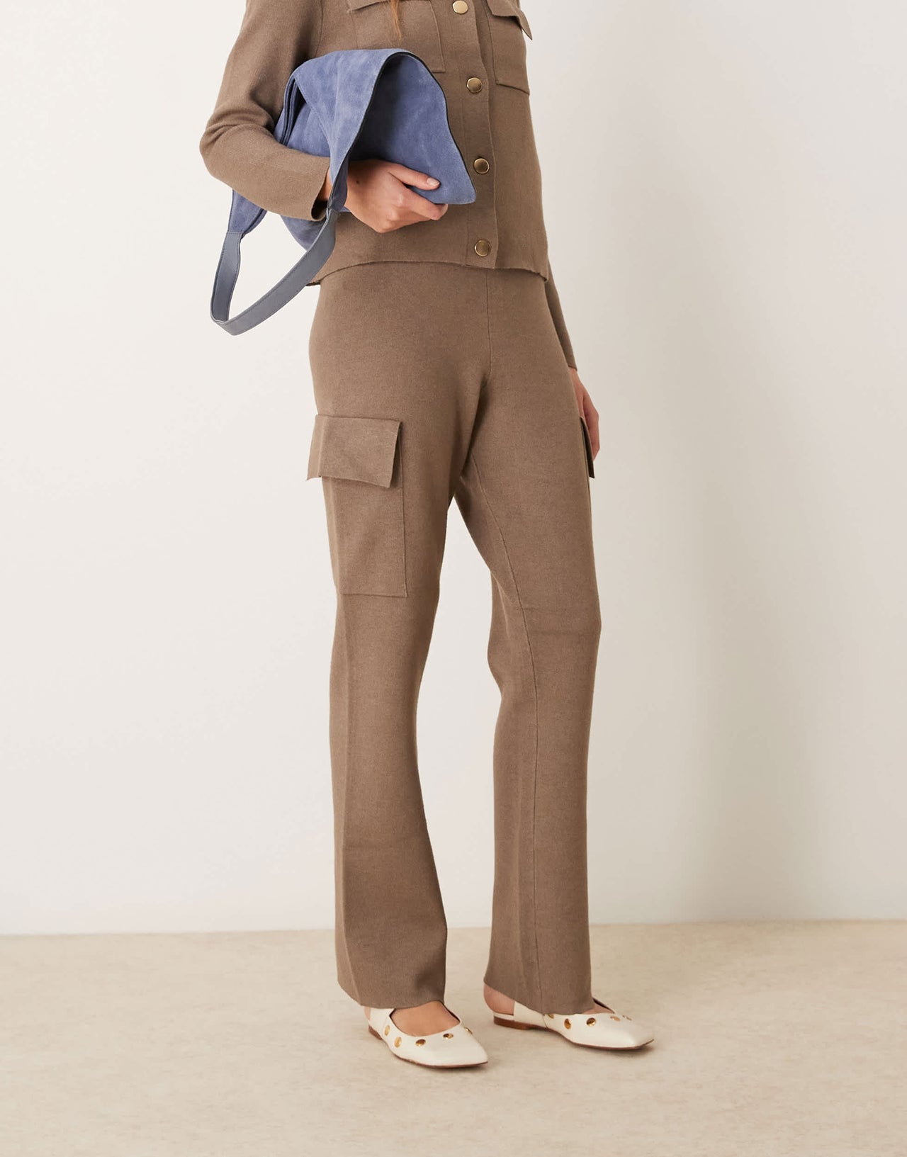 Vila premium structured knit trouser co-ord in taupe