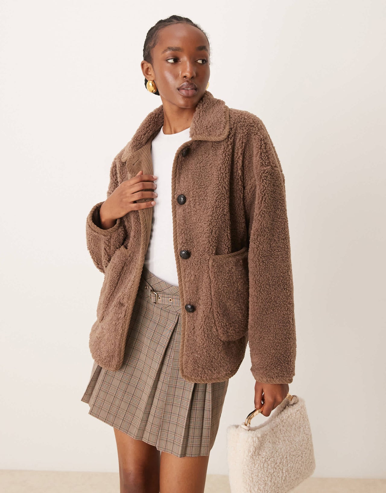 Vila collared teddy jacket with trim details in light brown
