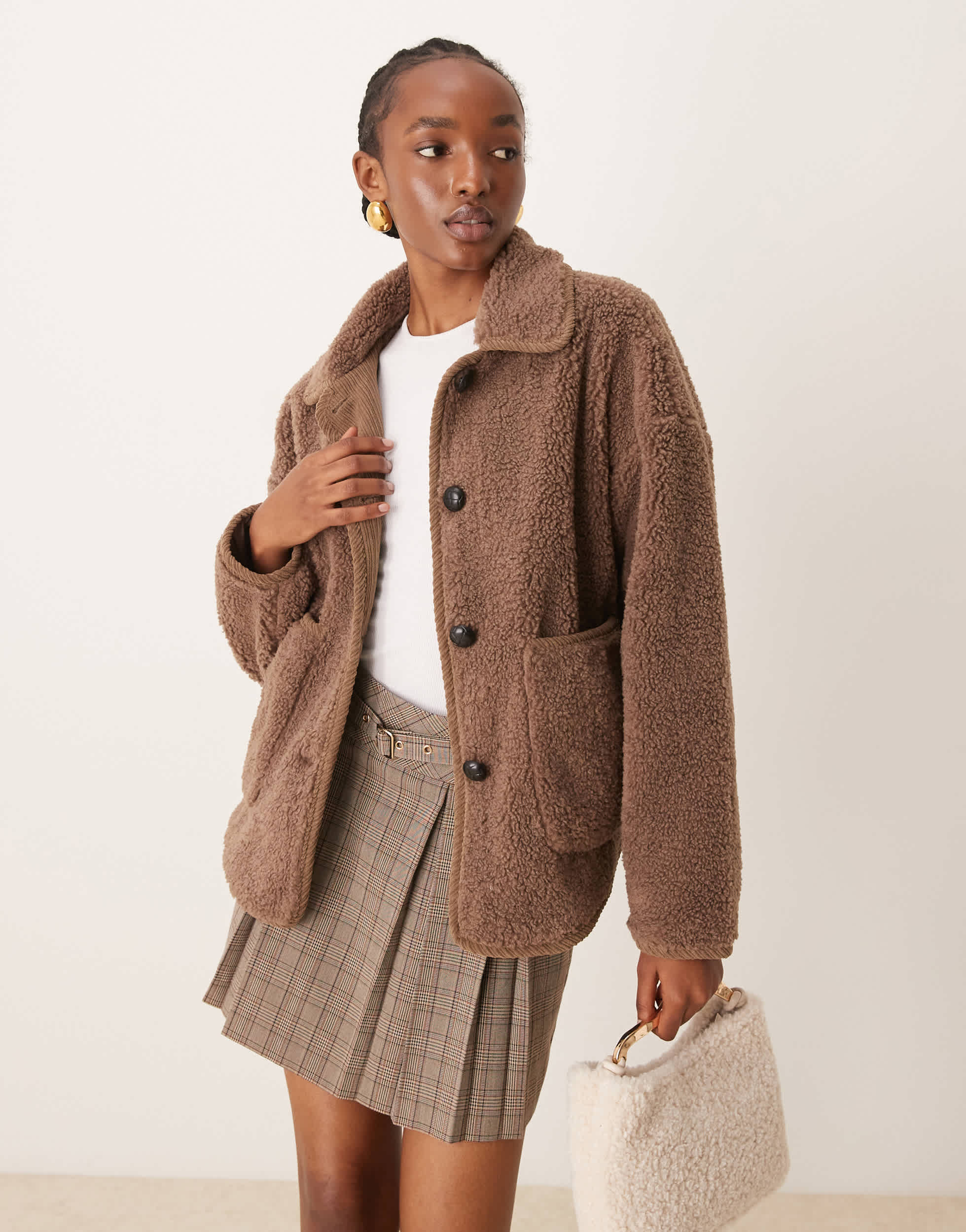 Vila collared teddy jacket with trim details in light brown