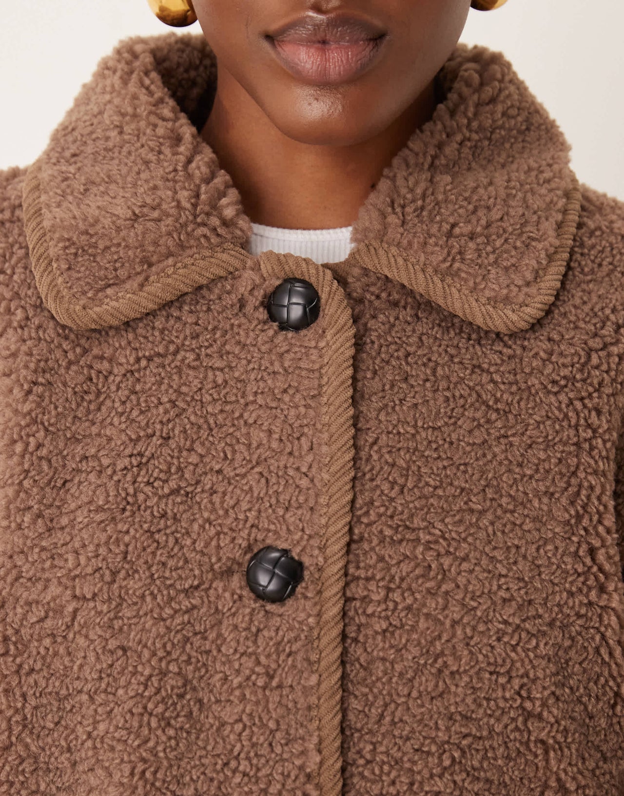 Vila collared teddy jacket with trim details in light brown