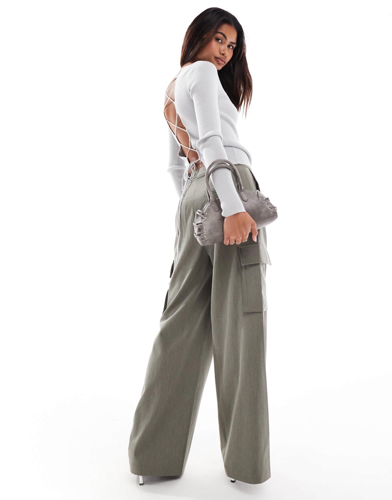 Something New Corpcore open lace up back ribbed top in grey