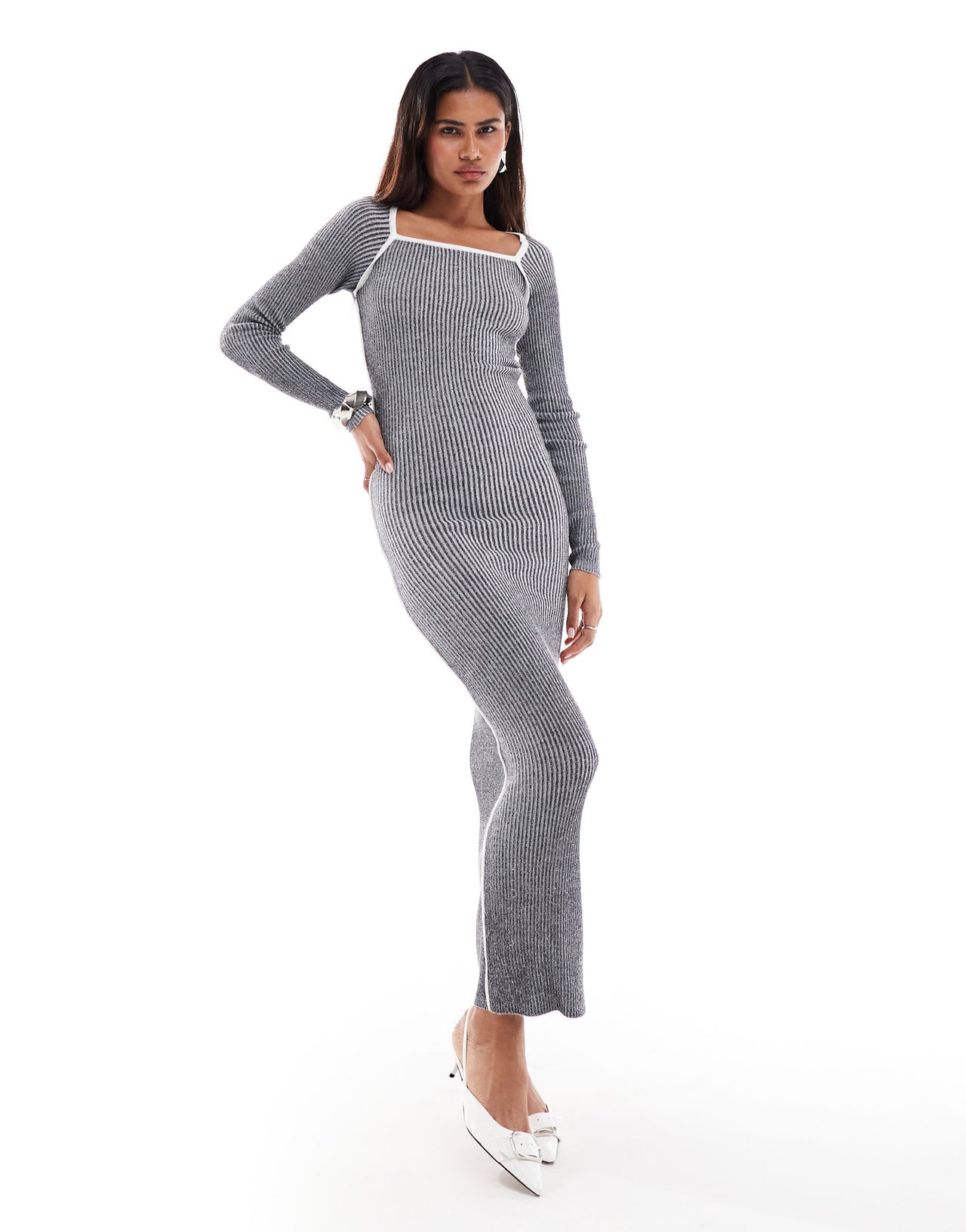 Something New Corpcore ribbed long sleeve maxi dress with contrast stitch in washed grey