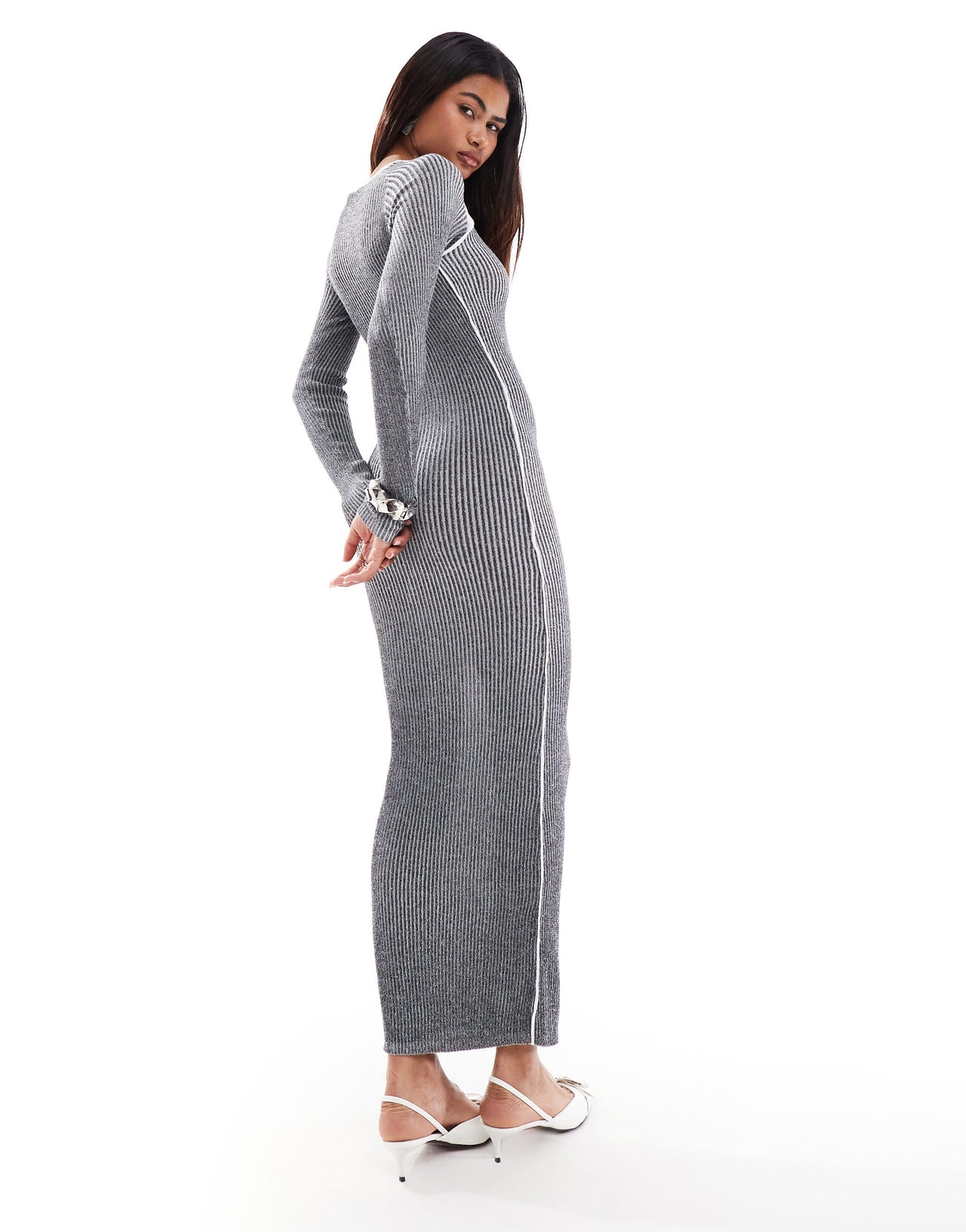 Something New Corpcore ribbed long sleeve maxi dress with contrast stitch in washed grey