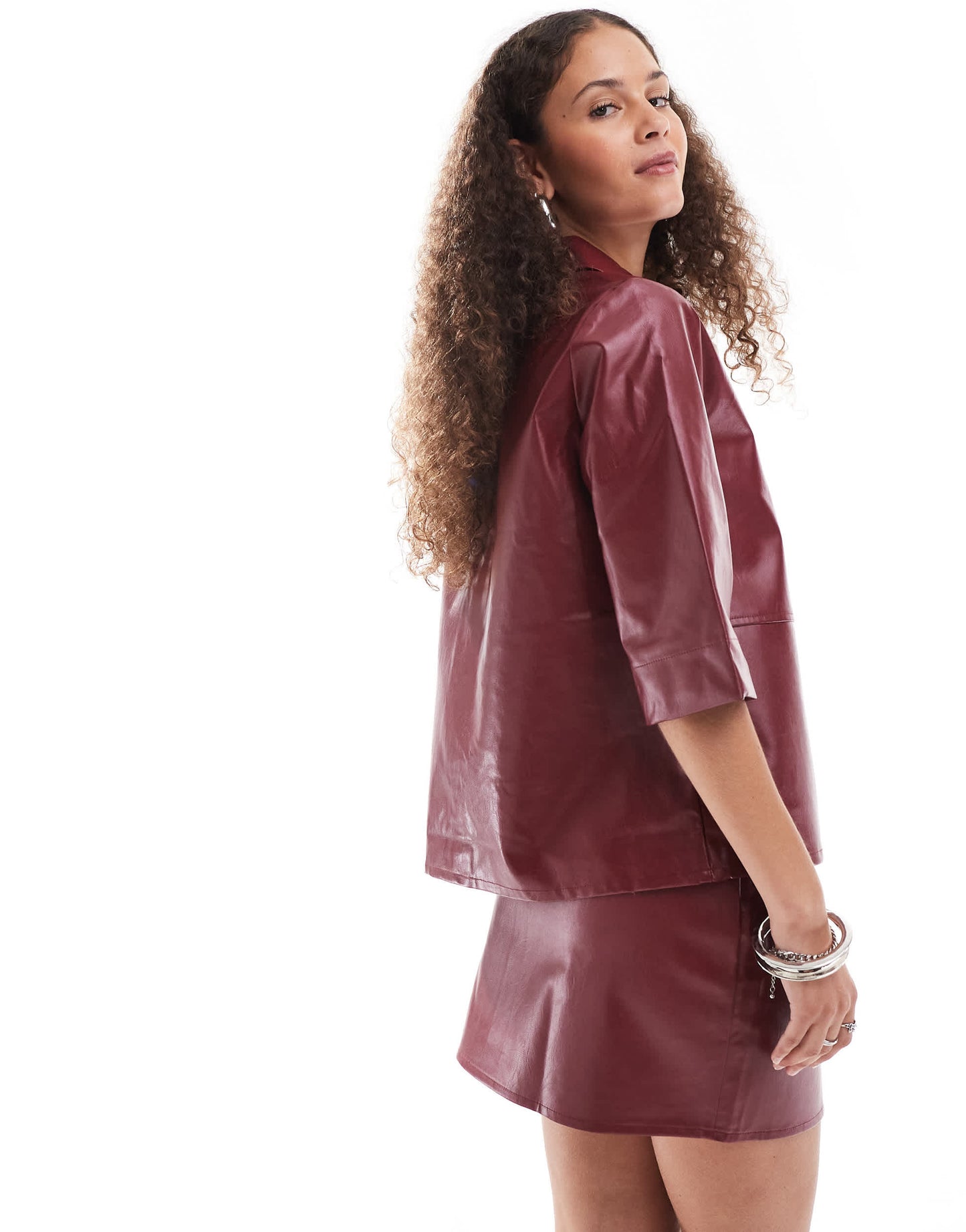 Something New Corpcore leather look mini skirt with slit co-ord in fired brick red