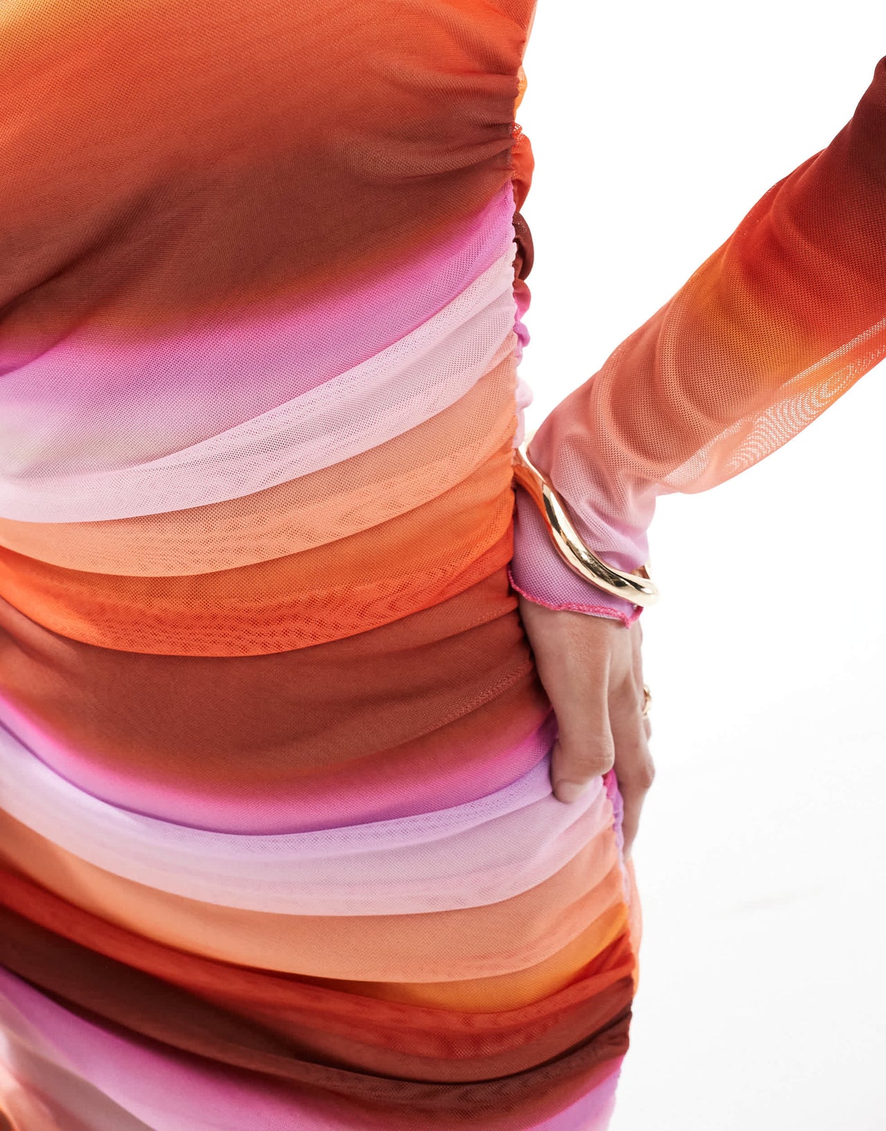 ASOS DESIGN long sleeve mesh midi dress in orange sunset print