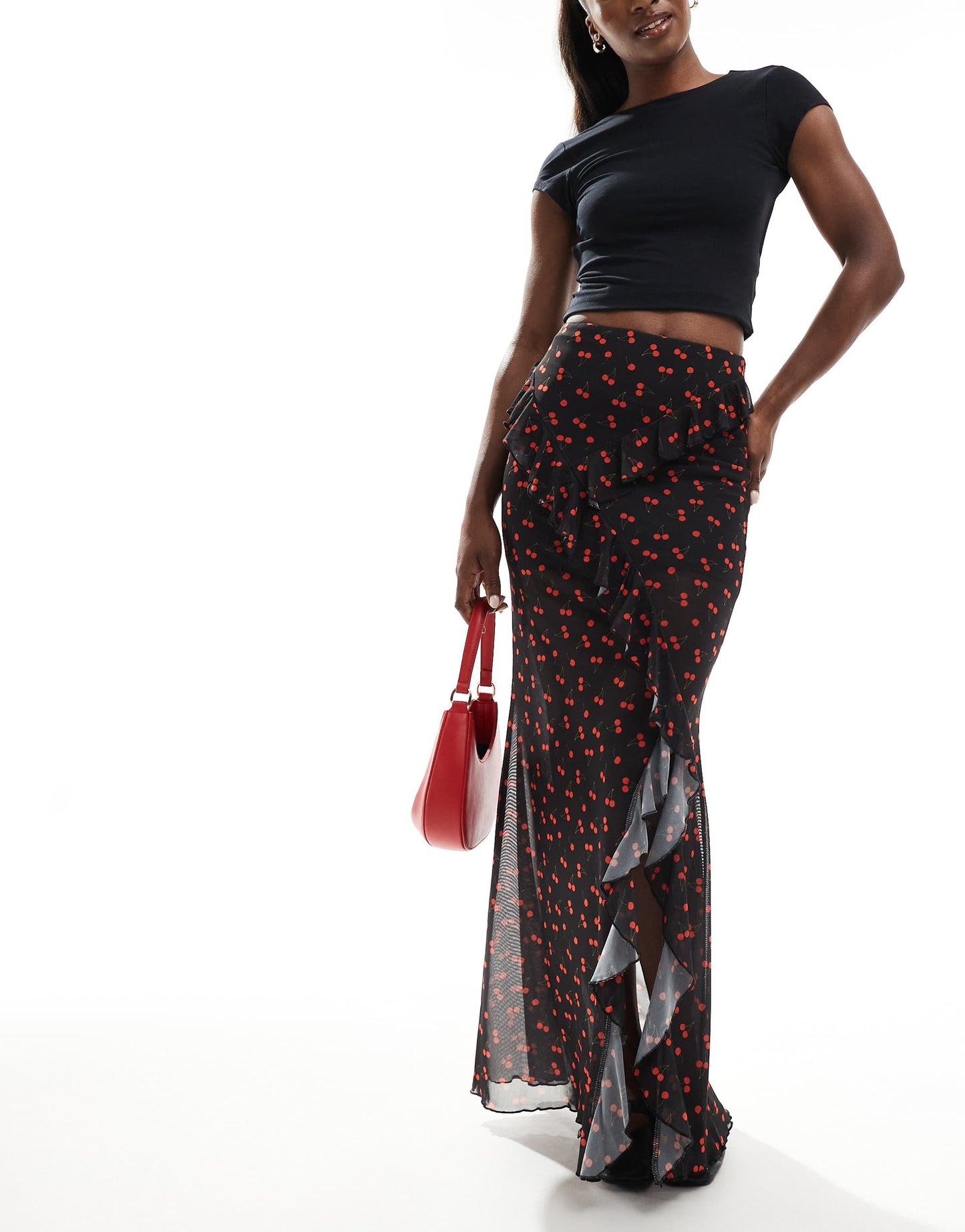 ASOS DESIGN ruffle maxi skirt with split front in ditsy cherry print