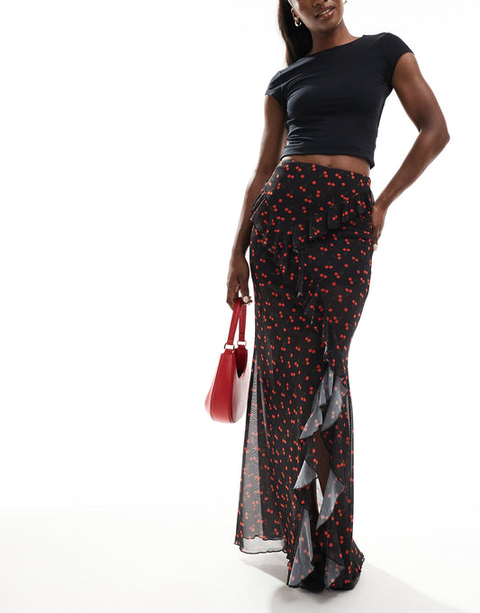 ASOS DESIGN ruffle maxi skirt with split front in ditsy cherry print