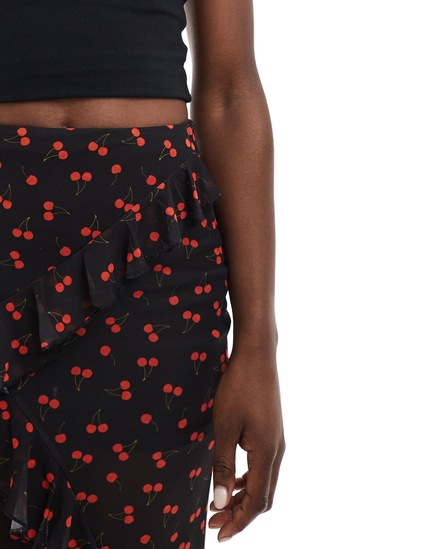ASOS DESIGN ruffle maxi skirt with split front in ditsy cherry print