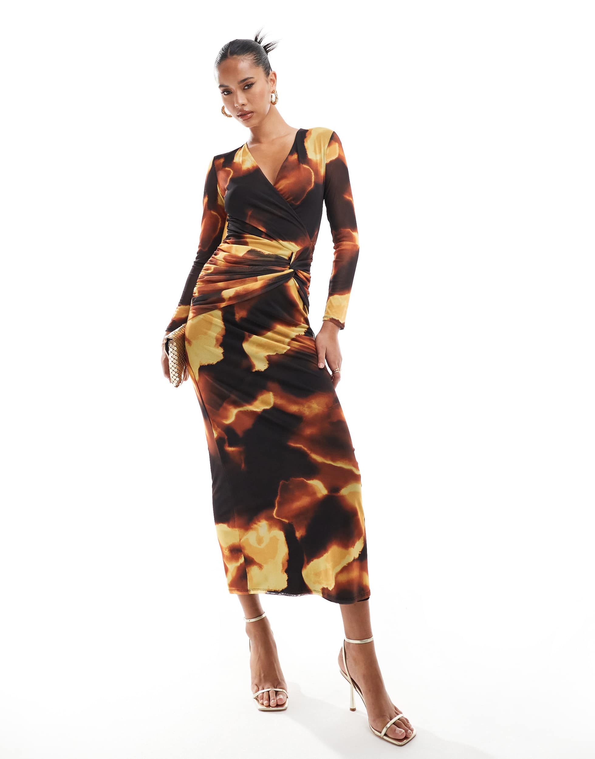 Flounce London plunge front mesh maxi dress with twist font in brown print