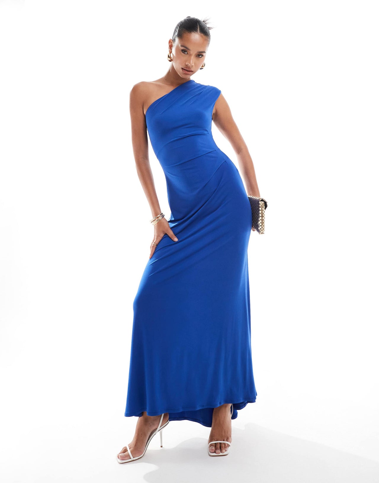 Flounce London one shoulder jersey maxi dress with fishtail skirt in cobalt