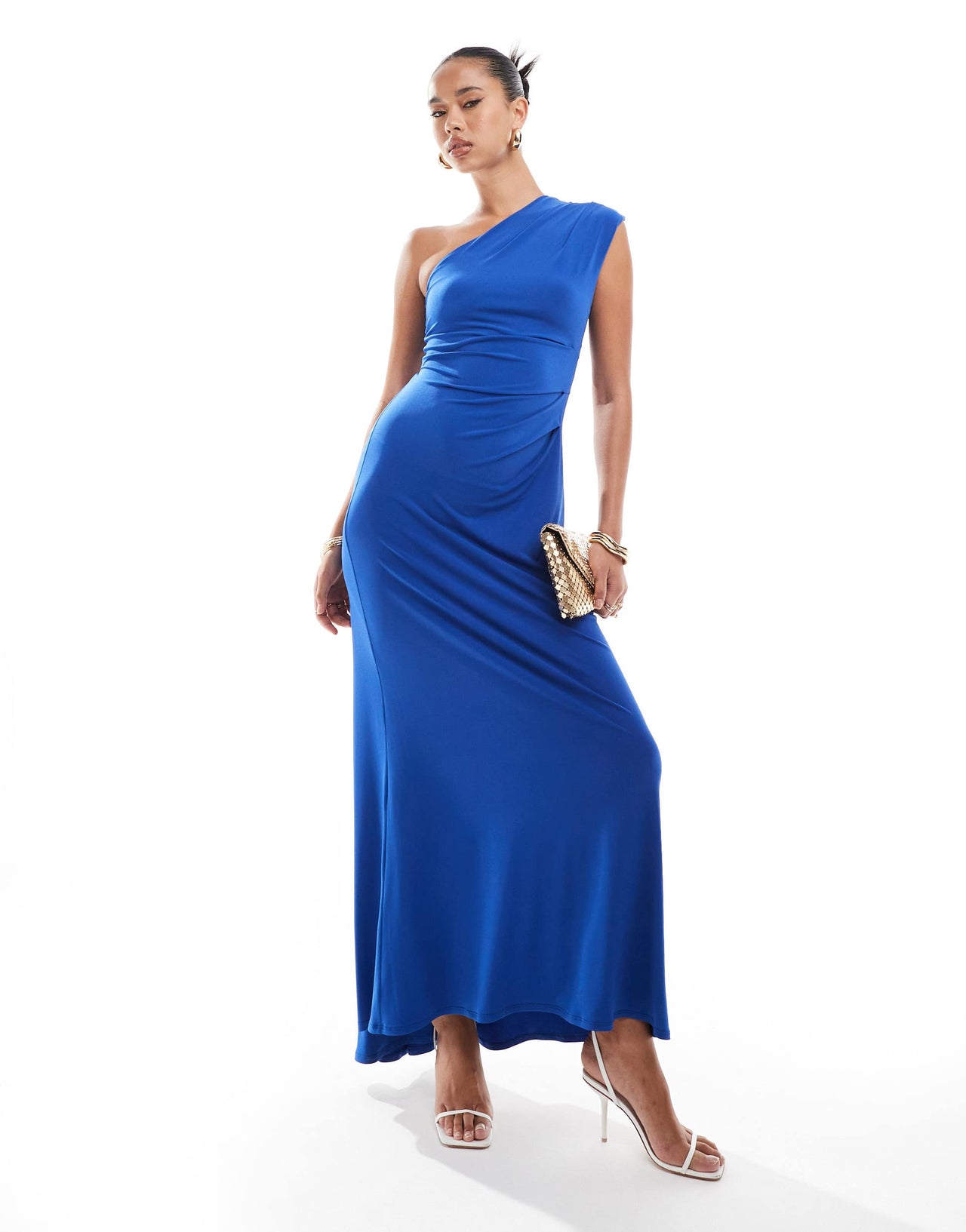 Flounce London one shoulder jersey maxi dress with fishtail skirt in cobalt