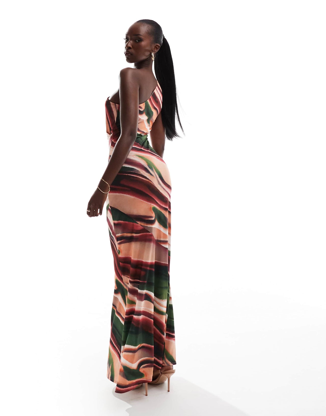 Flounce London one shoulder maxi dress in multi abstract print